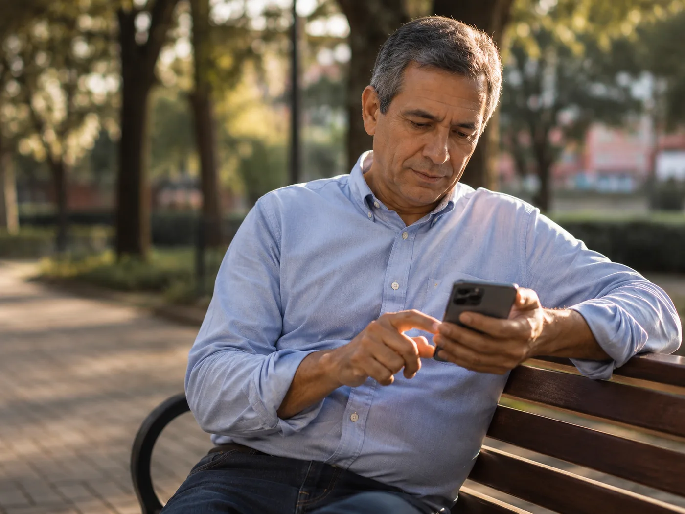 Hombre mayor revisando su celular en un parque de Bogotá