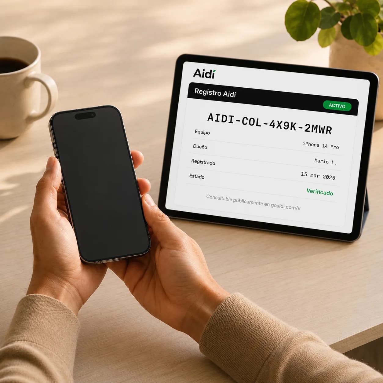 Tablet mostrando el registro completado del celular en la plataforma Aidí, con el código AIDI-COL-4X9K-2MWR