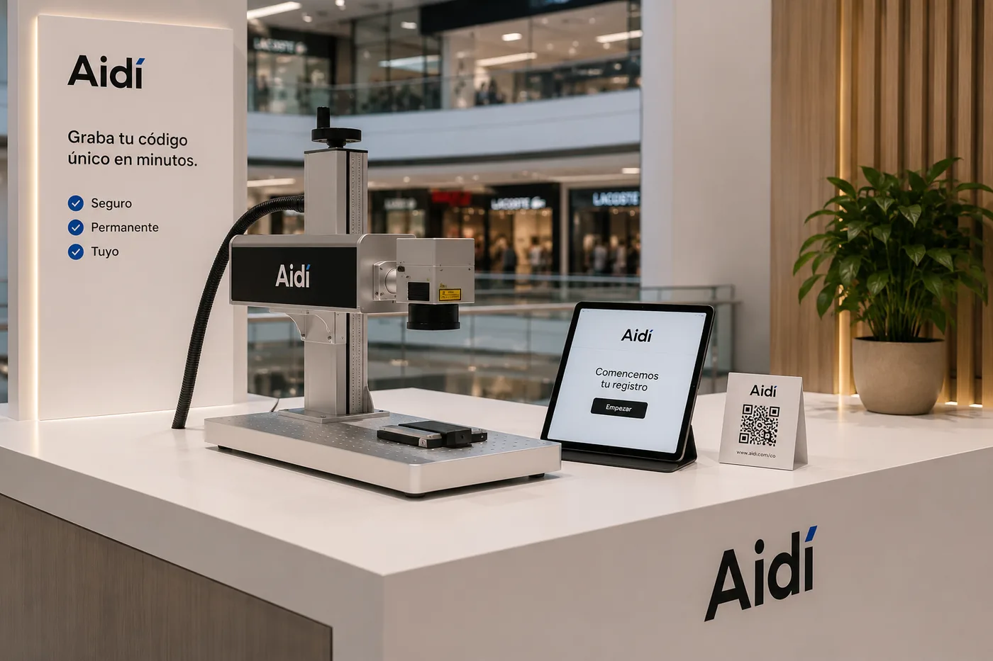 Stand de Aidí con la máquina de grabado láser y tablet de registro
